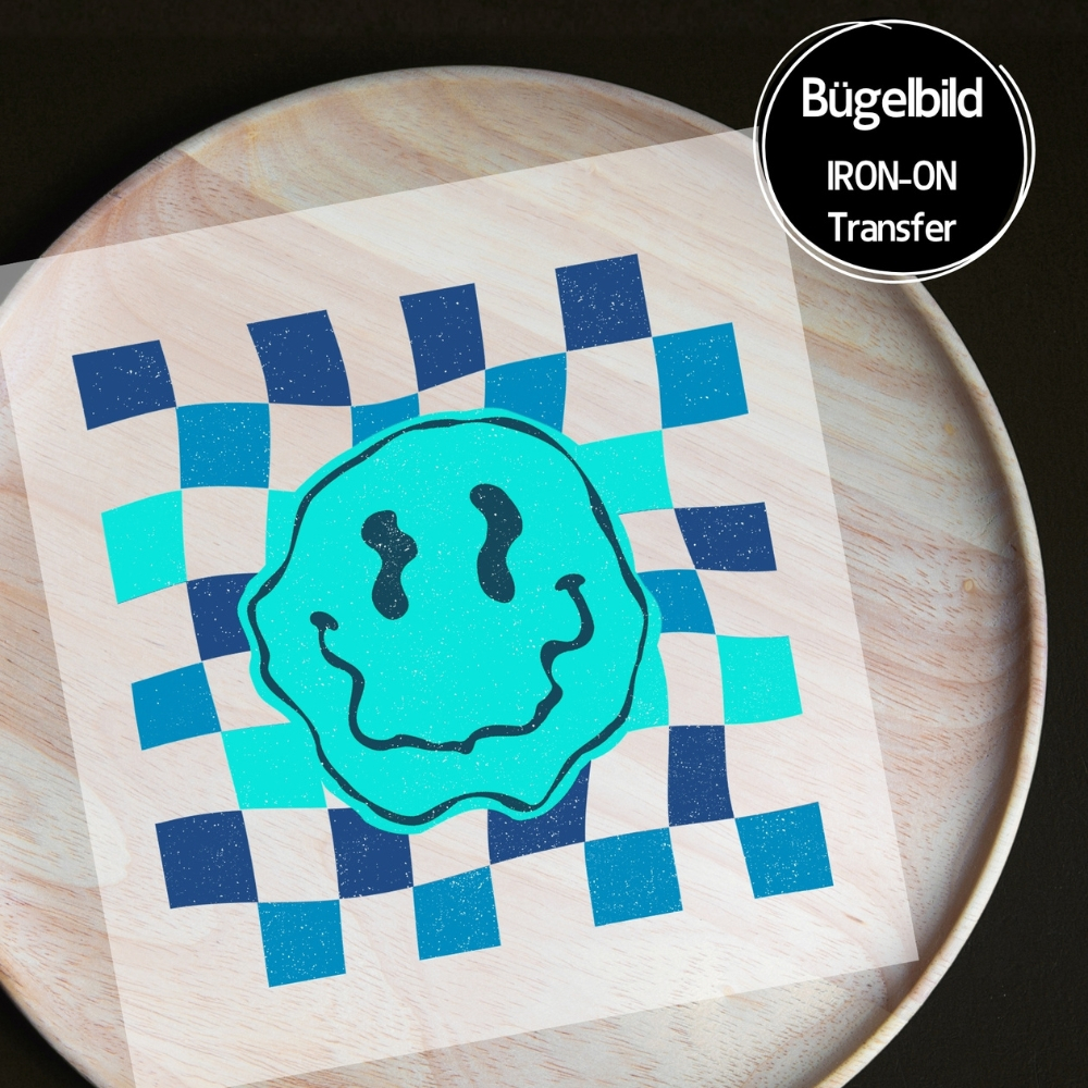 Bügelbild - " Check Smilie distressed #blau "
